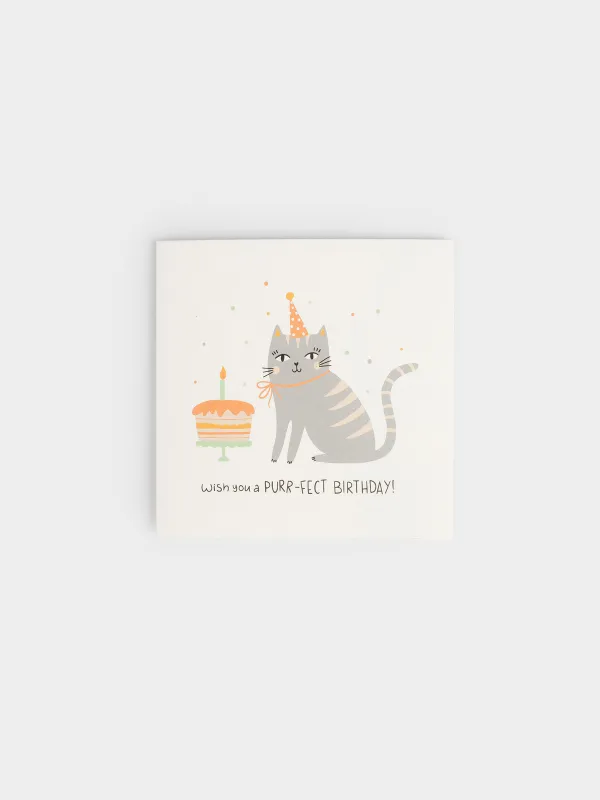 Открытка подарочная, 12х12 см, Кот с тортом, Birthday, image-0