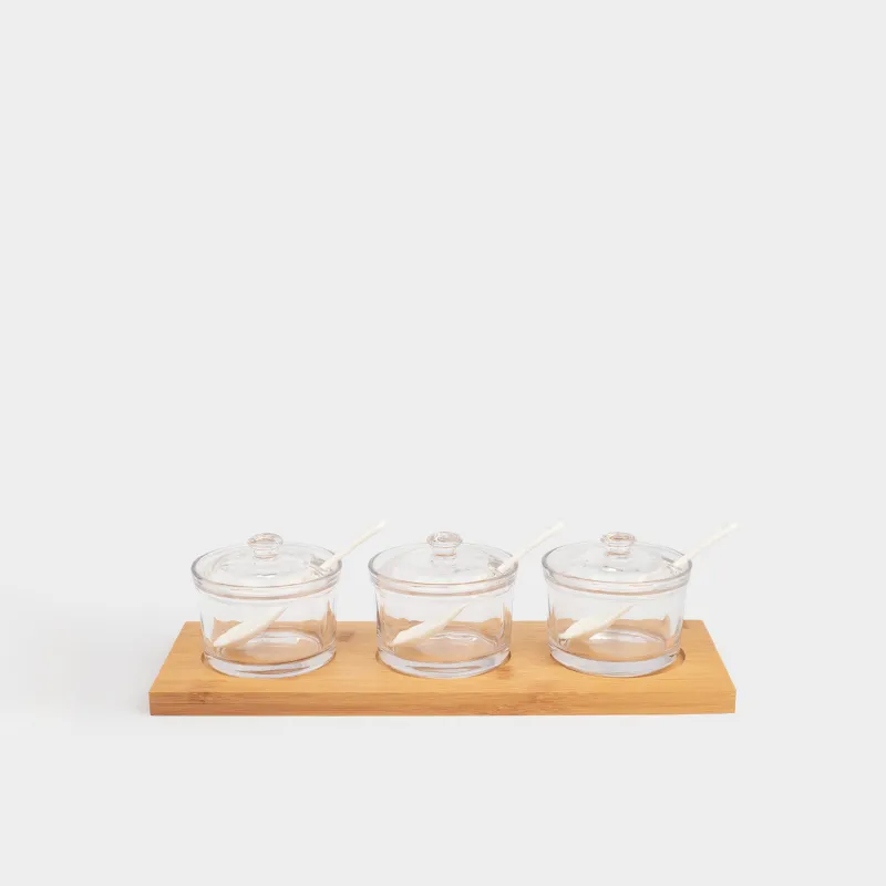 Вазочка для джема, 30х9 см, 3 шт, с ложкой, на подставке, стекло/бамбук/керамика, Bamboo