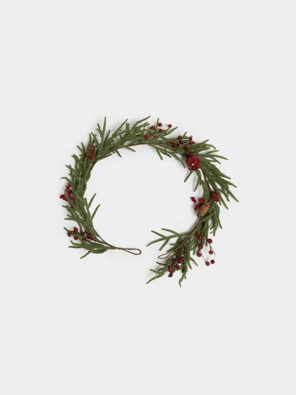 Ветка-гирлянда декоративная, 1,2 м, Красные ягоды и шишки, Red berry, image-0
