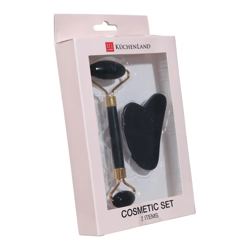 Набор косметический, 2 пр, массажер/камень гуаша, нефрит/металл, черный, Jade, image-1