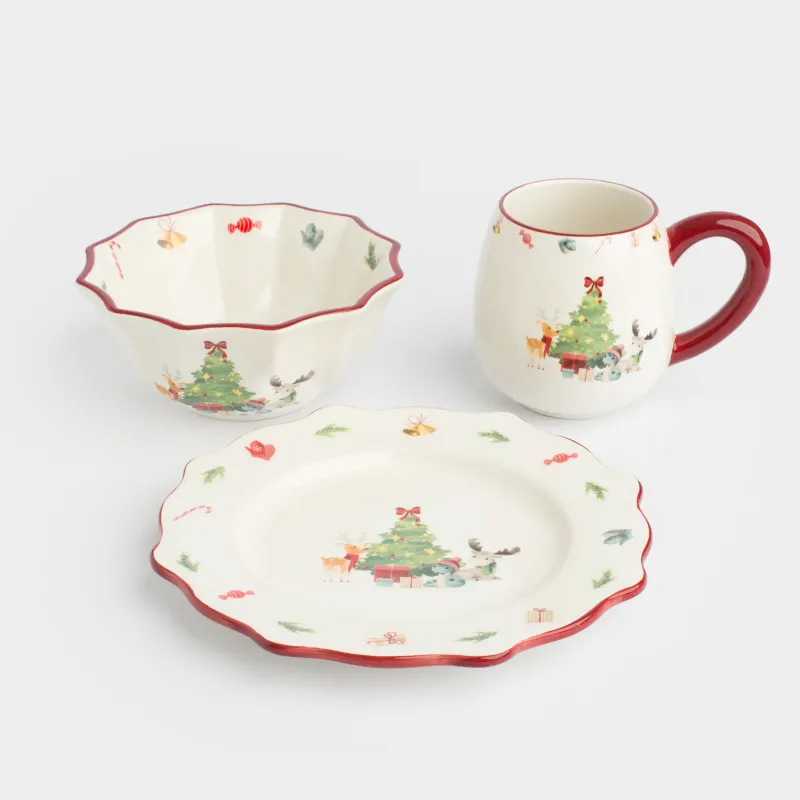 Набор посуды, детский, 1 перс, 3 пр, керамика, бело-красный, Животные с елкой, Friends forest, image-3