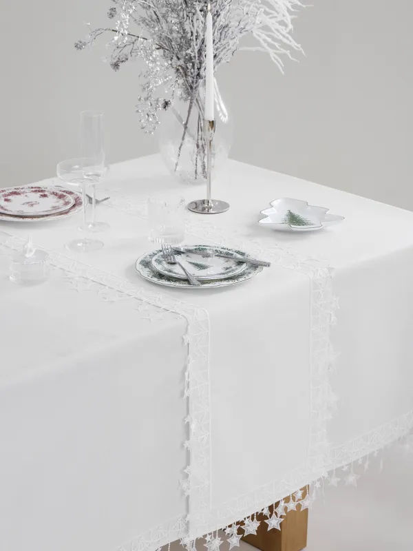 Дорожка настольная, 40х160 см, с кружевом, полиэстер, белая, Звезды, Stars framed, image-7