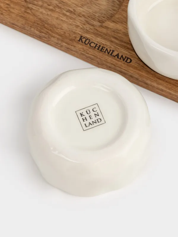 Набор для закусок, 3 пр, на подставке, керамика D/дерево, молочный, Мятый эффект, Crumple kitchen, image-5