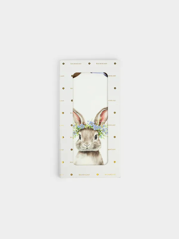 Подставка под горячее, 14x28 см, керамика/пробка, белая, Кролик в венке, Flora Easter, image-3