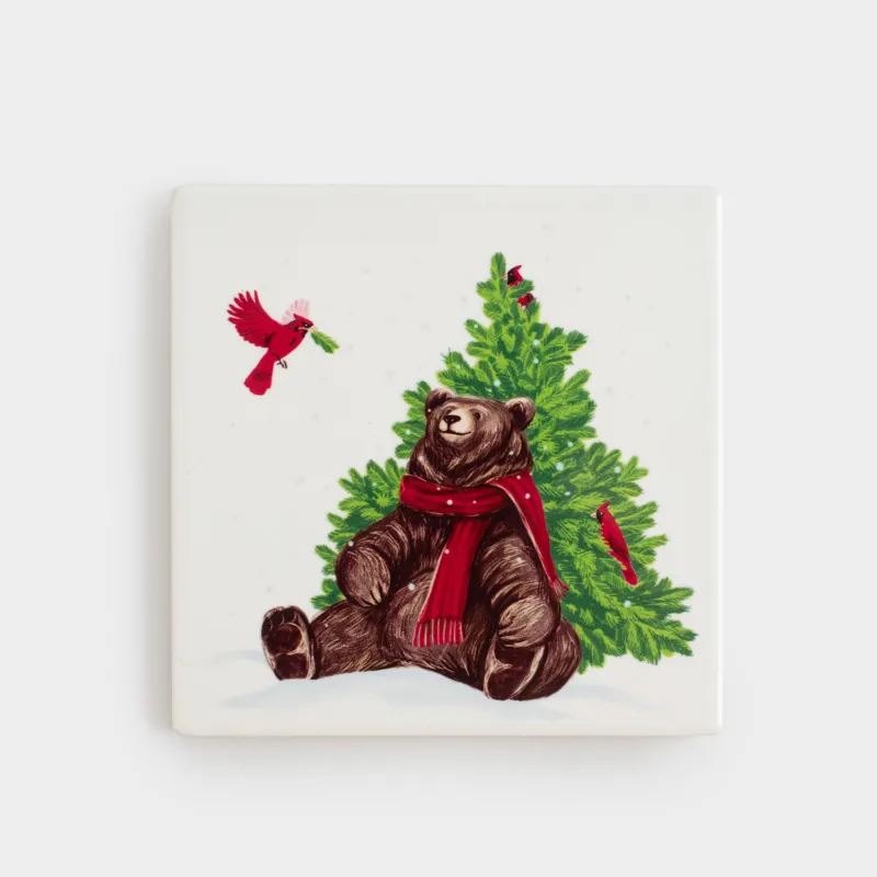 Подставка под кружку, 11х11 см, квадратная, керамика/пробка, Мишка под елкой, Christmas bear