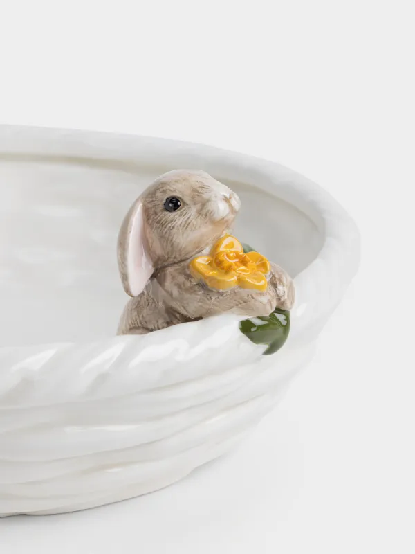 Блюдо глубокое, 26х7 см, керамика D, молочно-бежевое, Кролик с цветком в корзине, Rabbit in narcis, image-2