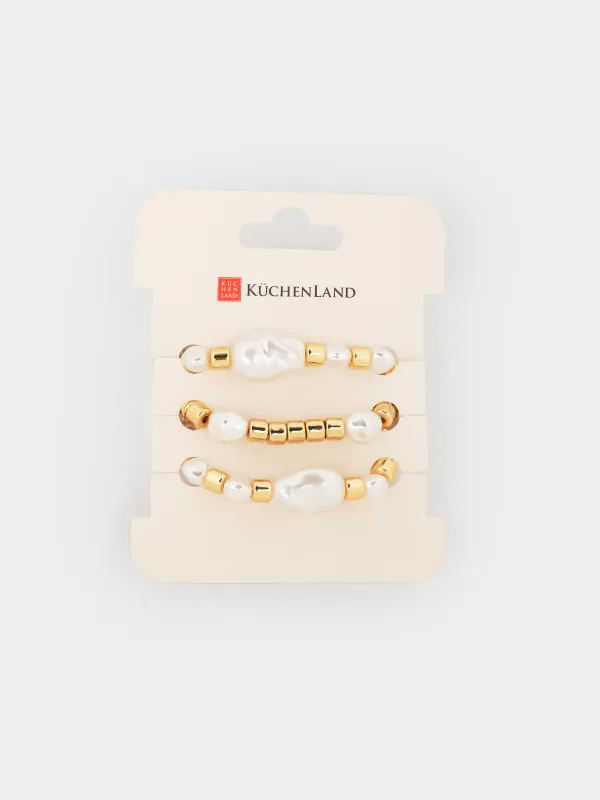 Набор браслетов, 18 см, 3 шт, акрил/пластик, золотистый, Бусины, Pearl, image-4