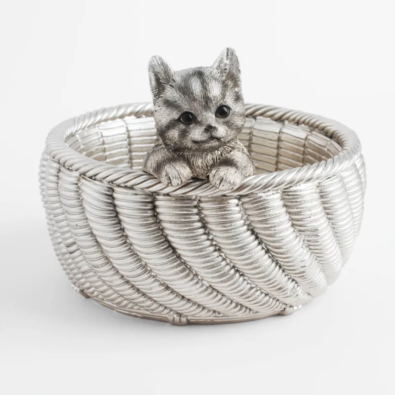 Ваза декоративная, 17х13 см, полирезин, серебристая, Котенок в корзине, Cat