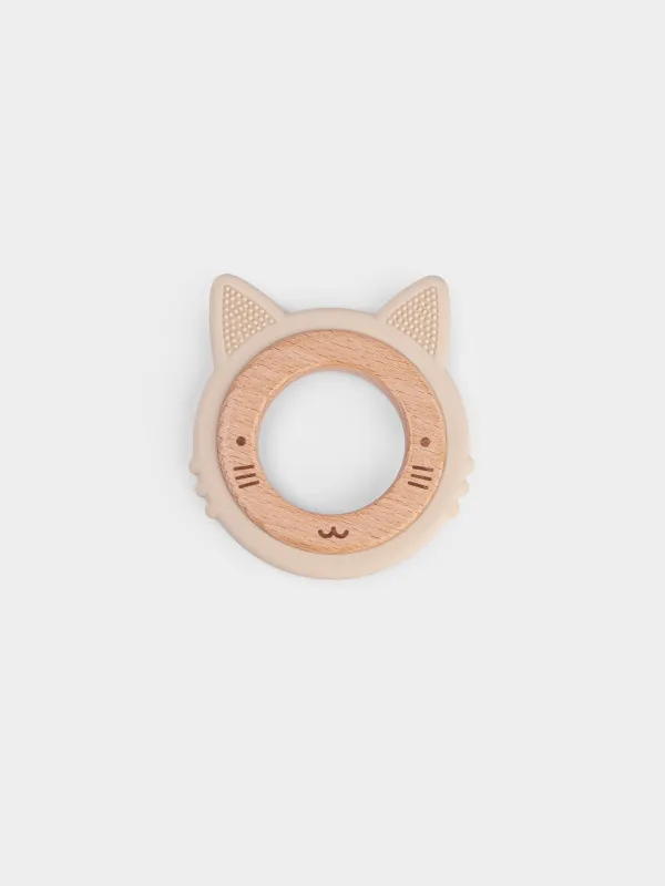 Игрушка-прорезыватель, 9х8 см, силикон/дерево, бежевая, Котик, Kiddy, image-0