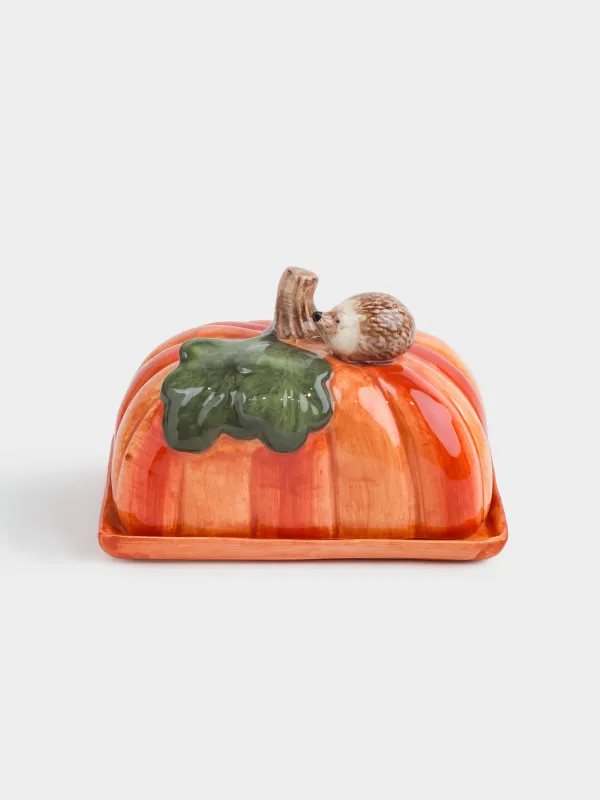 Масленка, 15 см, керамика, прямоугольная, оранжевая, Еж на тыкве, Forest symphony, image-0
