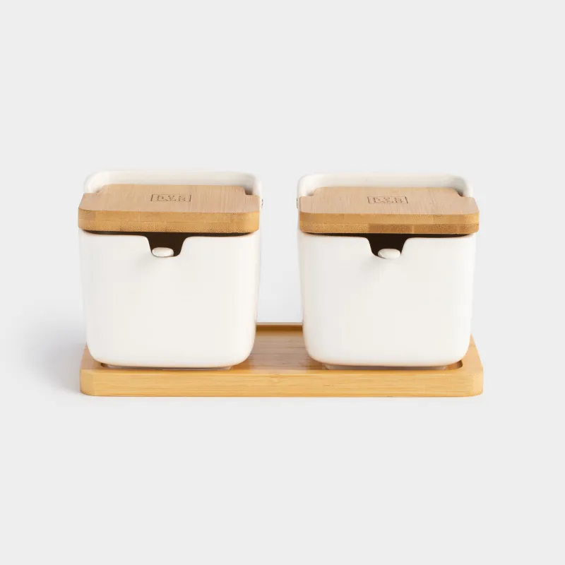 Банка для сыпучих продуктов, 250 мл, 2 шт, с ложками, на подставке, керамика/бамбук, белая, Keep