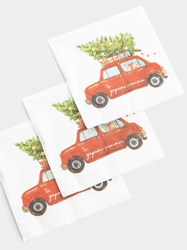 Салфетки бумажные, 21х21 см, 20 шт, Машина с елкой, Red car, image-2