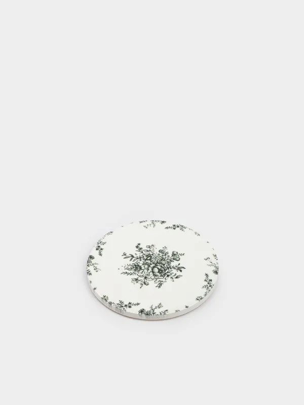 Подставка под кружку, 11 см, круглая, керамика/пробка, белая, Узоры, Green lace, image-1