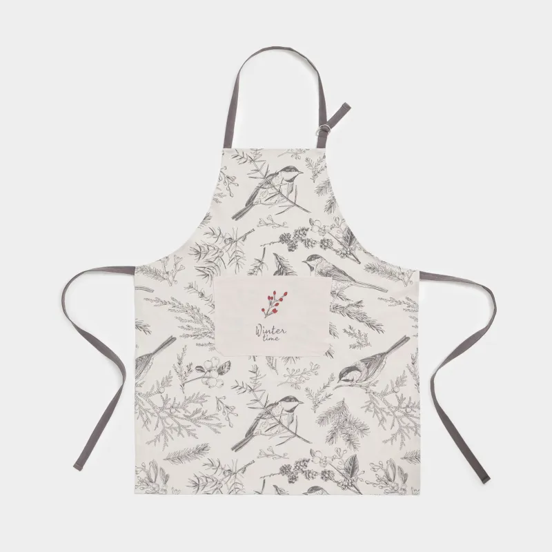 Фартук, 65х80 см, хлопок, серо-бежевый, Снегири на ветках, Bullfinchs