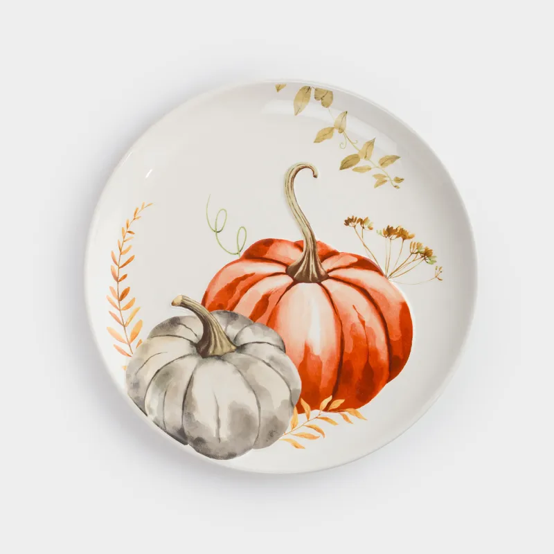 Тарелка обеденная, 28 см, керамика D, белая, Тыквы и листья, Forest symphony