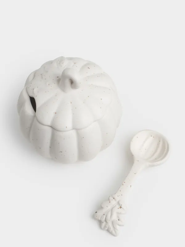 Сахарница, 12 см, 460 мл, с ложкой, керамика D, молочная, в крапинку, Тыква, Slight frost, image-3