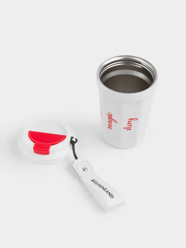 Термокружка, 350 мл, с ремешком, сталь/пластик/текстиль, бело-красная, Story, image-6