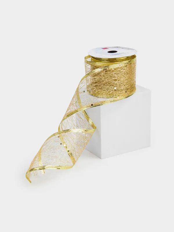 Лента декоративная, 5 м, гибкая, полиэстер, шампань, Паутинка с блестками, Ribbon christmas, image-1