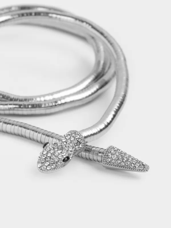 Колье, 90 см, металл/стразы, серебристое, Змея, Jewelry snake, image-1