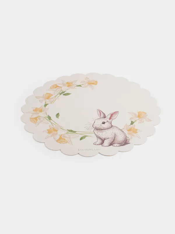 Салфетка под приборы, 38 см, ПВХ, фигурная, молочная, Кролик и нарциссы, Rock print, image-4