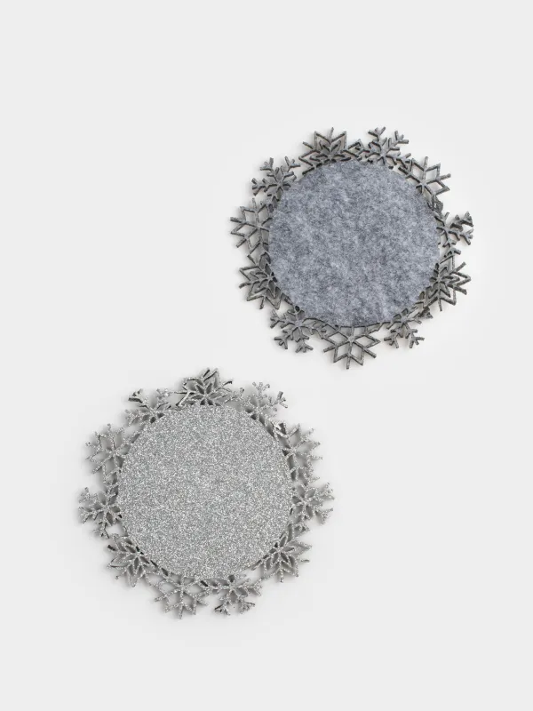 Подставка под кружку, 12 см, 2 шт, фигурная, фетр, серебристая, Снежинки, Felt mat, image-3