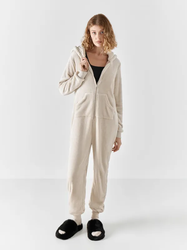 Комбинезон женский, домашний, с капюшоном, флис, серый, Кот, Annie, image-0