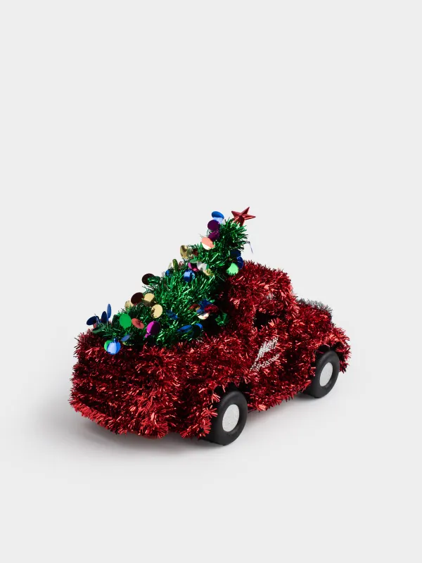 Статуэтка, 27 см, мишура/пластик, красная, Машина с елкой, Tinsel decor, image-3