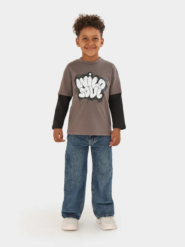 Лонгслив детский, для мальчиков, серо-черный, Ulian, image-2