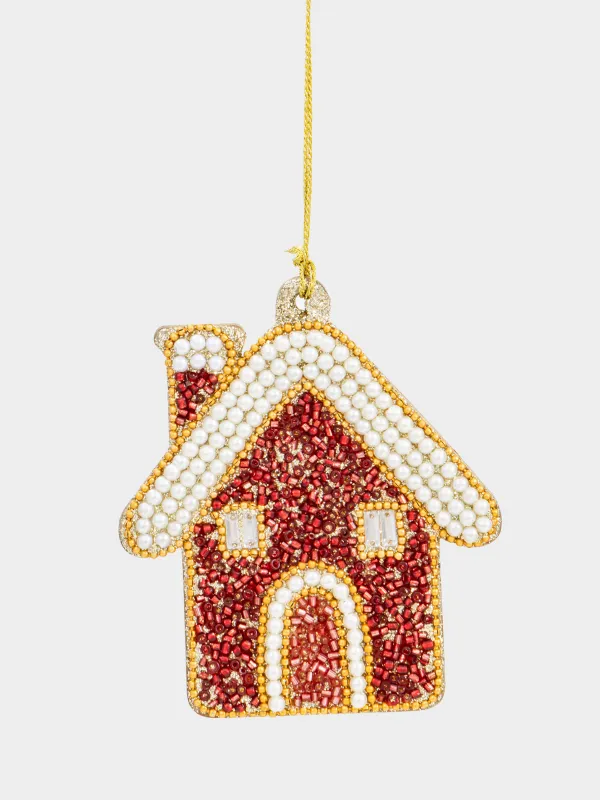 Игрушка елочная, 10 см, бисер/дерево, красно-золотистая, Дом, Beads figure, image-0