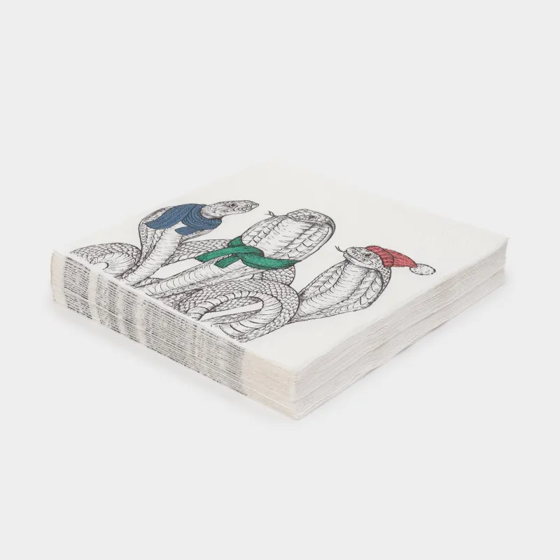 Салфетки бумажные, 33х33 см, 20 шт, квадратные, белые, Змеи в шарфах и в шапке, Snake trio, image-1