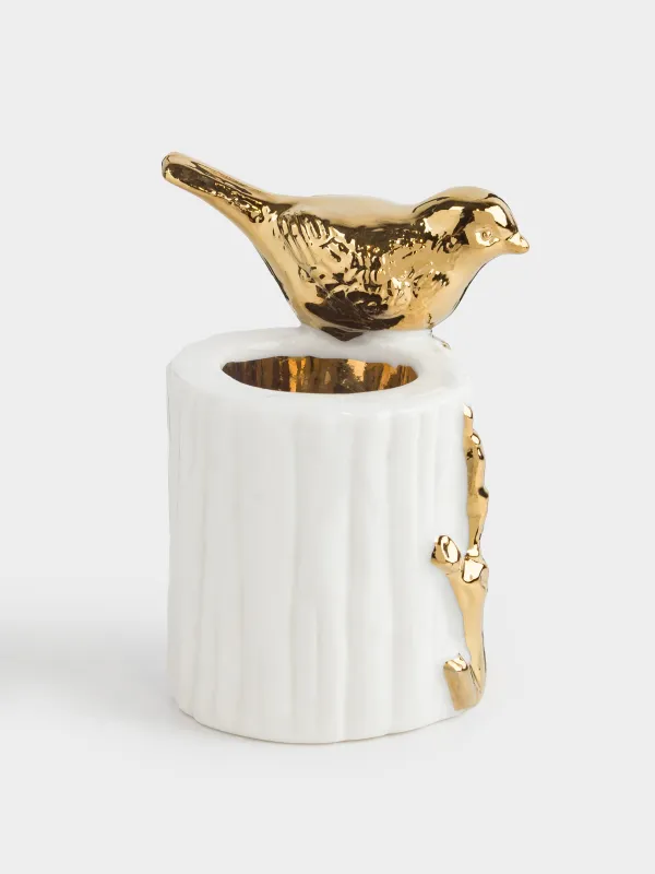 Подставка для зубочисток, 8 см, фарфор P, молочно-золотистая, Птица на ветке, Paradise garden, image-1