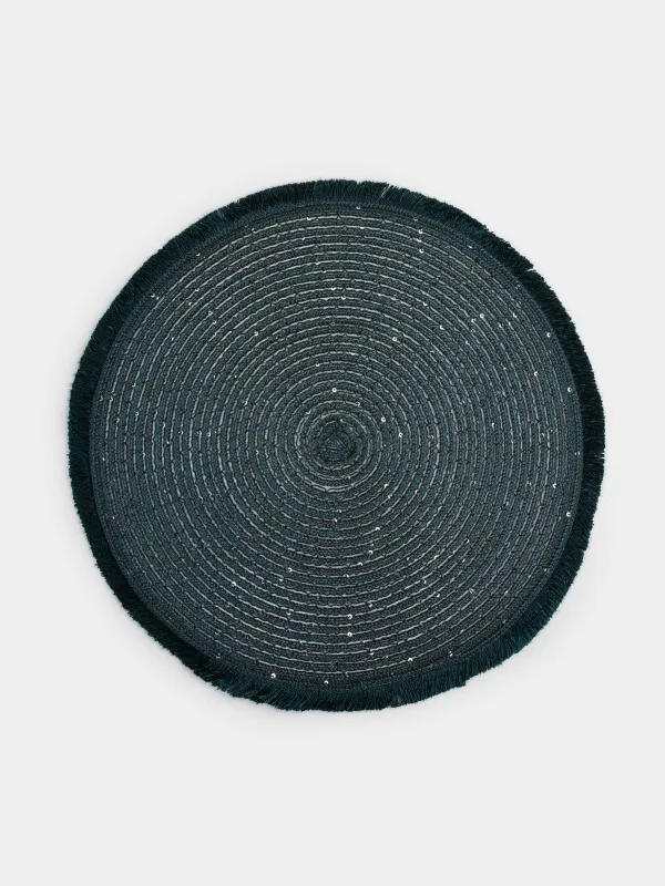 Салфетка под приборы, 38 см, с бахромой и пайетками, полиэстер, круглая, зеленая, Rotary shine, image-0