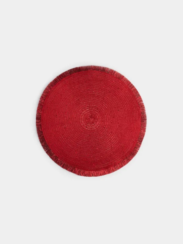 Салфетка под приборы, 38 см, с бахромой и пайетками, полиэстер, круглая, красная, Rotary shine, image-0