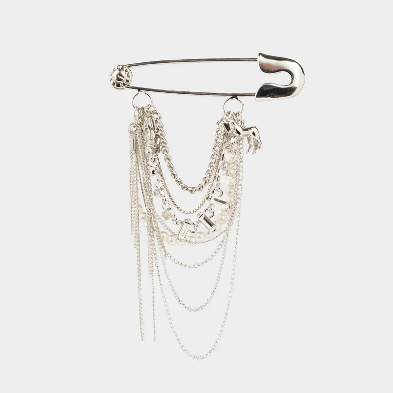 Брошь, 7 см, металл/пластик/стразы, серебристая, Лошадь с бусинами, Jewelry horse