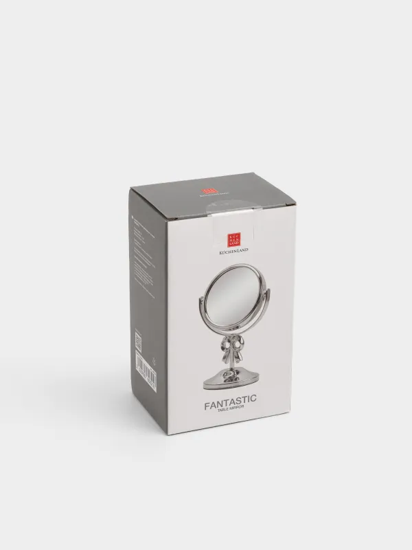 Зеркало настольное, 16х9/7 см, двустороннее, на ножке, металл, круглое, серебристое, Fantastic, image-4