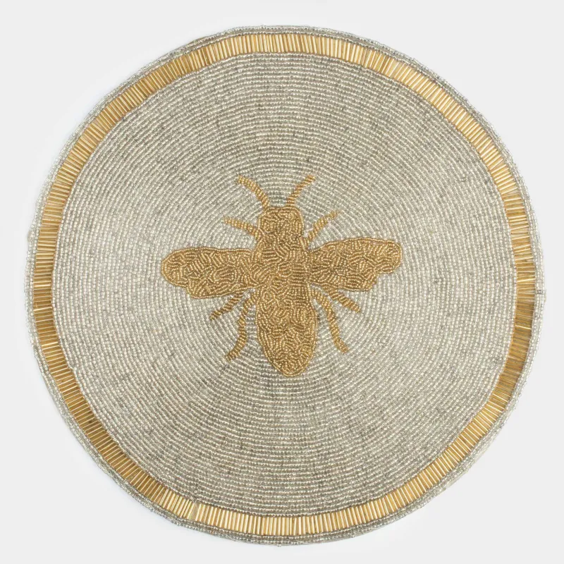 Салфетка под приборы, 36 см, бисер, круглая, молочно-золотистая, Пчела, Art beads, image-0