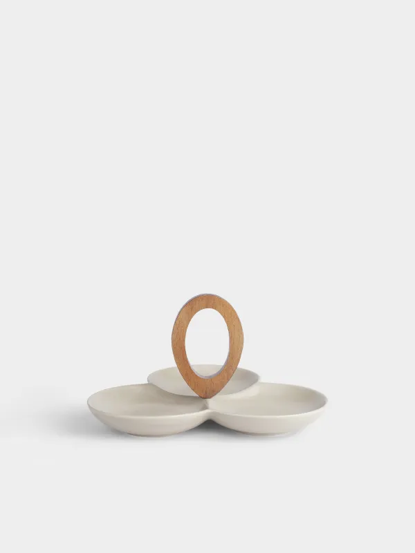 Менажница, с декором, 24 см, 3 отд, с ручкой, фарфор P/дерево, молочная, Ceramo noble, image-0