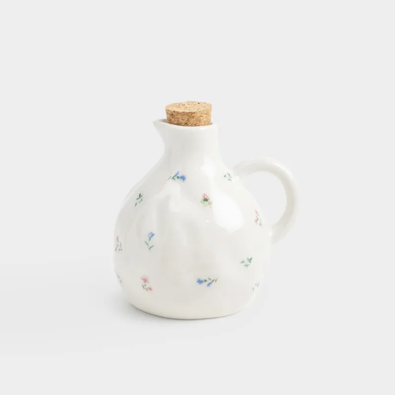 Емкость для масла или уксуса, 340 мл, с ручкой, керамика D/пробка, молочная, Нежные цветы, El flora