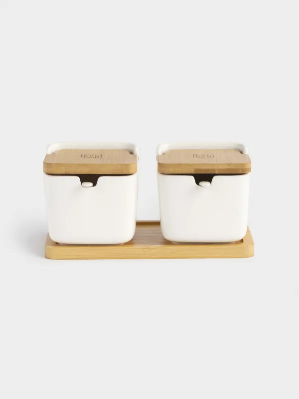 Банка для сыпучих продуктов, 250 мл, 2 шт, с ложками, на подставке, керамика/бамбук, белая, Keep, image-0