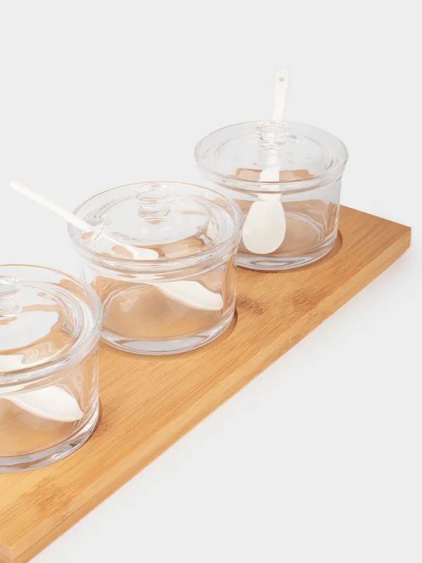 Вазочка для джема, 30х9 см, 3 шт, с ложкой, на подставке, стекло/бамбук/керамика, Bamboo, image-1