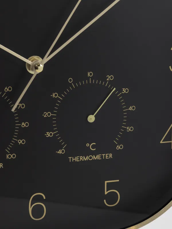 Часы настенные, 30 см, с термометром и гигрометром, металл/стекло, черные, Dial, image-3