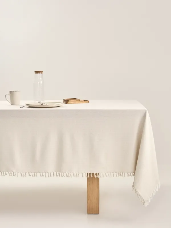 Скатерть, 160х160 см, с бахромой, хлопок, молочно-бежевая, Framed, image-0