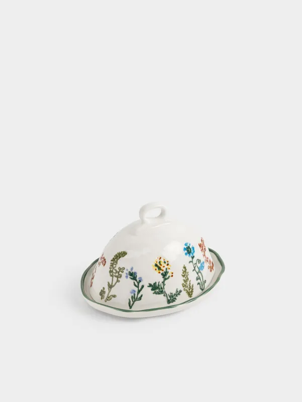 Масленка, 19 см, фарфор N, овальная, молочная, Луговые цветы на кракелюре, Floral meadow, image-3