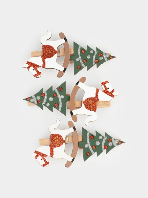 Клипса декоративная, 5 см, 6 шт, дерево, с блестками, белая/зеленая, Лошадь/Елка, Figure wood, image-1