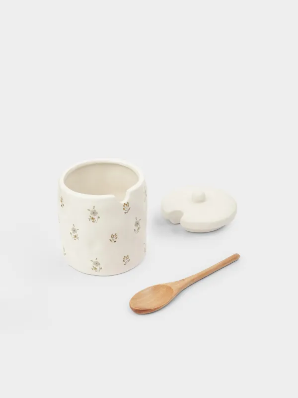 Сахарница, 12 см, 370 мл, с ложкой, керамика D/дерево, молочная, Винтажные цветы, La flore, image-1