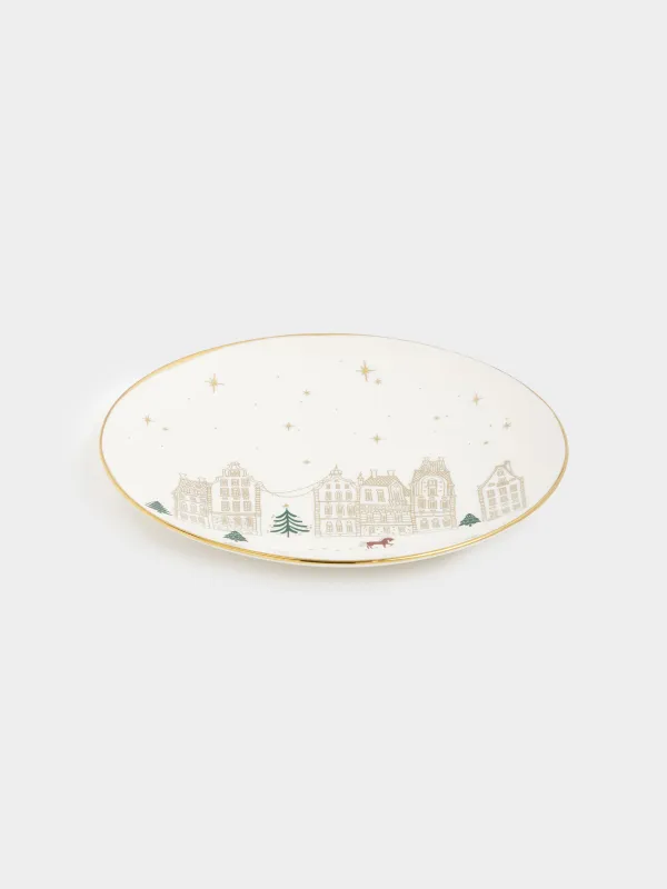Тарелка закусочная, 20 см, фарфор N, молочно-золотистая, Домики и лошадь, Snow sparks, image-2