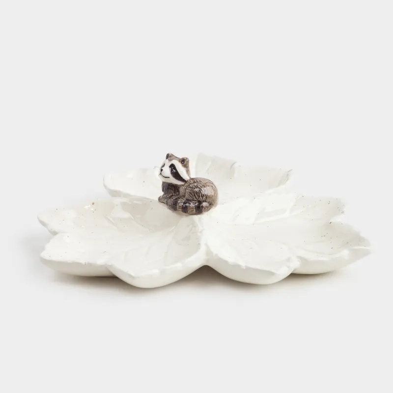 Менажница, с декором, 21 см, 3 отд, керамика, молочная, в крапинку, Енот на листьях, Slight frost