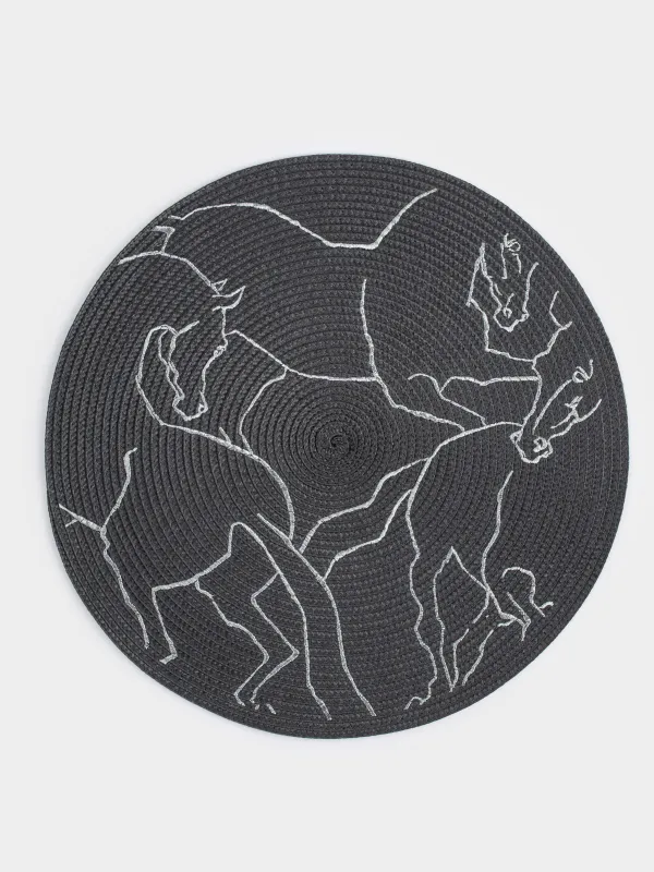 Салфетка под приборы, 38 см, полиэстер, круглая, темно-серая, Лошади, Circle embroidery, image-0