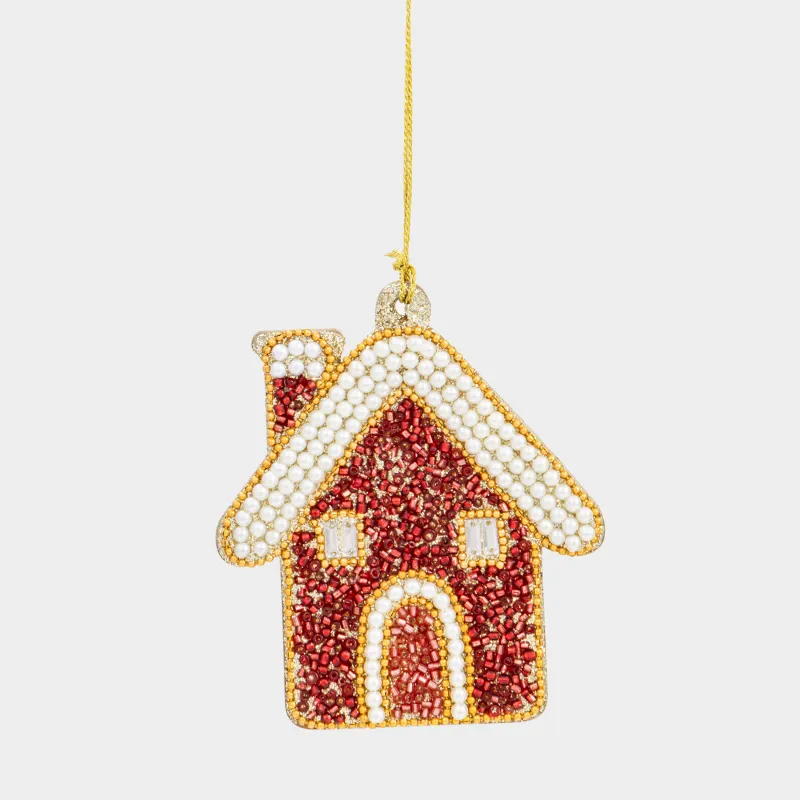 Игрушка елочная, 10 см, бисер/дерево, красно-золотистая, Дом, Beads figure