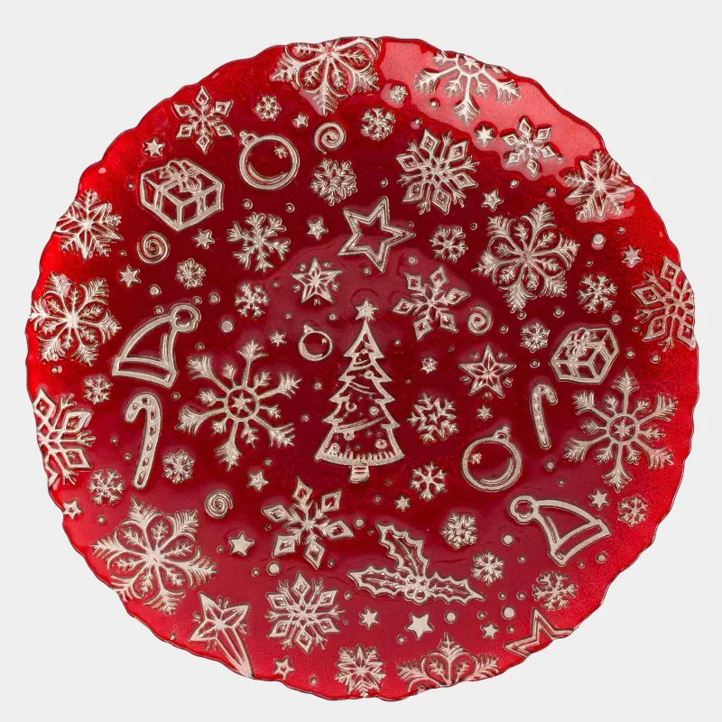 Блюдо, 33 см, стекло, красное, Снежинки, Brumal
